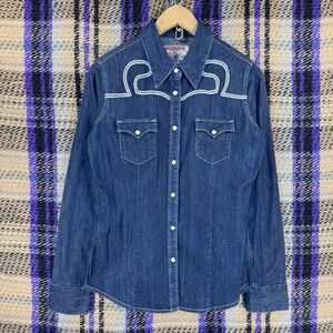 True Religion Womens Small Denim Pearl Snap Long Sleeve Western Shirt Vintage